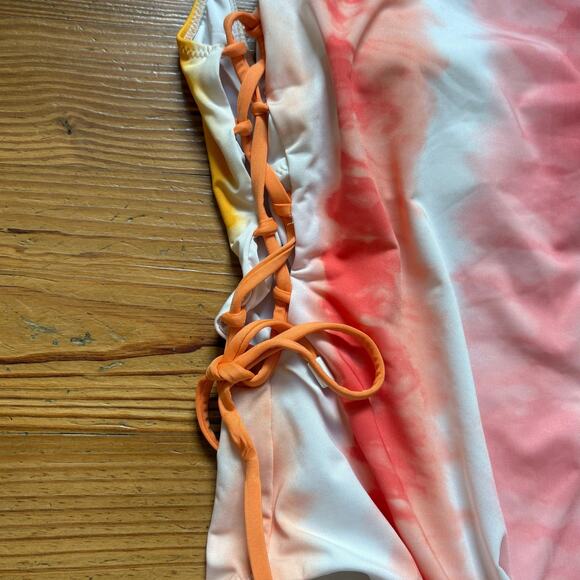 Sanctuary pink yellow orange tie dyed lace side one piece swimsuit SIZE L - Picture 5 of 8